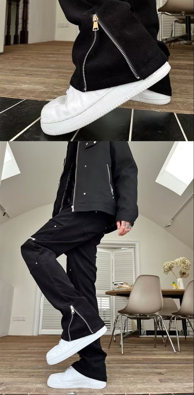 Pantaloni cargo con cerniera divisi per uomo, stile hip hop americano, alla moda, jeans dritti slim fit, dropshipping_voghion.com