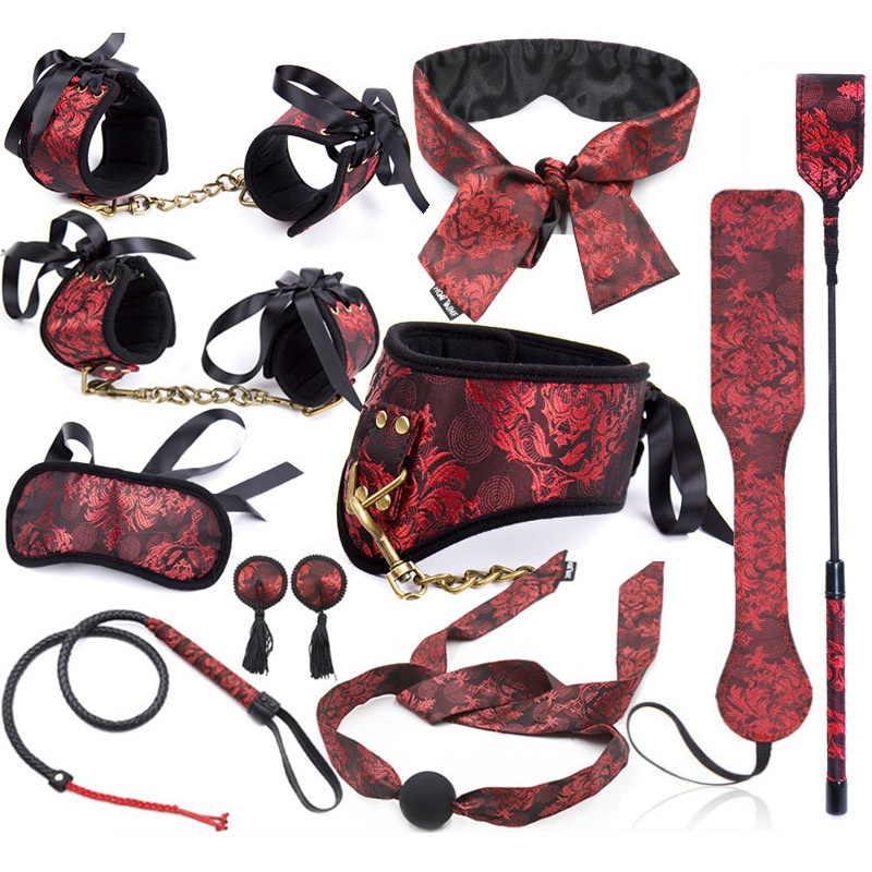 LuvBox Manette Sexy Retro Palace Tessuto Stile Cinese Manette per Piedi Bocca Gag Ball SM Benda Guinzaglio Collare Set_voghion.com