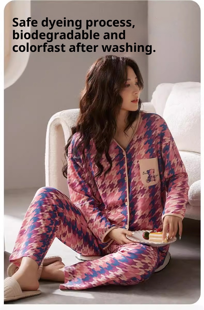 ChicShe Winter Langarmpyjama mit Brustpolstern für Damen, lockere Passform, süße Strickjacke, Übergröße, zweiteiliges Herbst-Homewear-Set_voghion.com