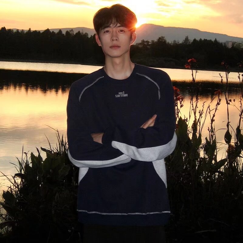 boy New Style Patchwork Navy Blue Crew Neck Fleece Sweatshirt Autumn Winter American Heavyweight Long Sleeve Men's Hoodless_voghion.com