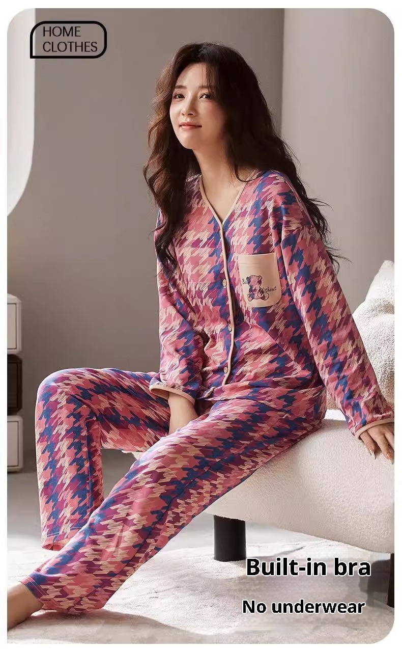 ChicShe Winter Langarmpyjama mit Brustpolstern für Damen, lockere Passform, süße Strickjacke, Übergröße, zweiteiliges Herbst-Homewear-Set_voghion.com