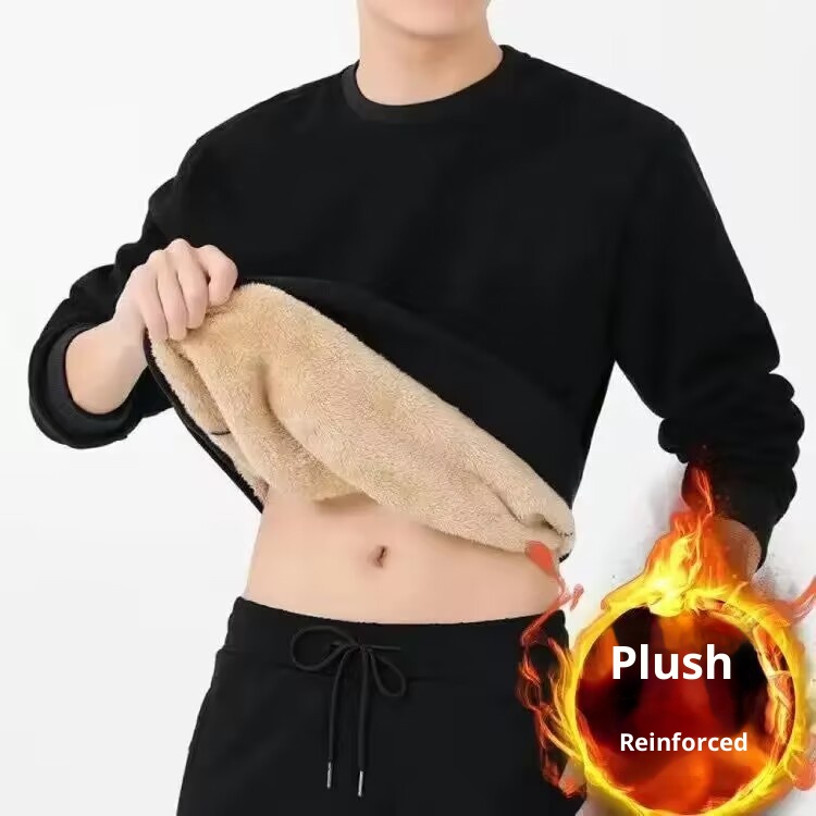 boy Lamb Wool Crew Neck Sweatshirt For Men, Autumn And Winter Thickened Fleece Base Shirt, Solid Color Pullover, Warm Loose_voghion.com