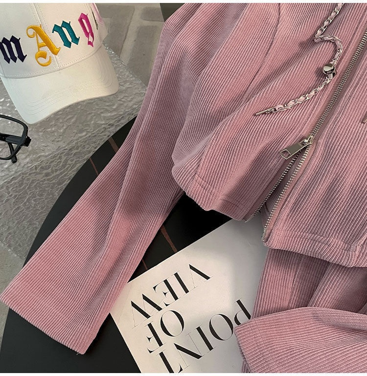 001 Europees stijl casual roze sportpak voor vrouwen vroege herfst 2024 nieuwe losse split wijde broek tweedelig set #882_voghion.com