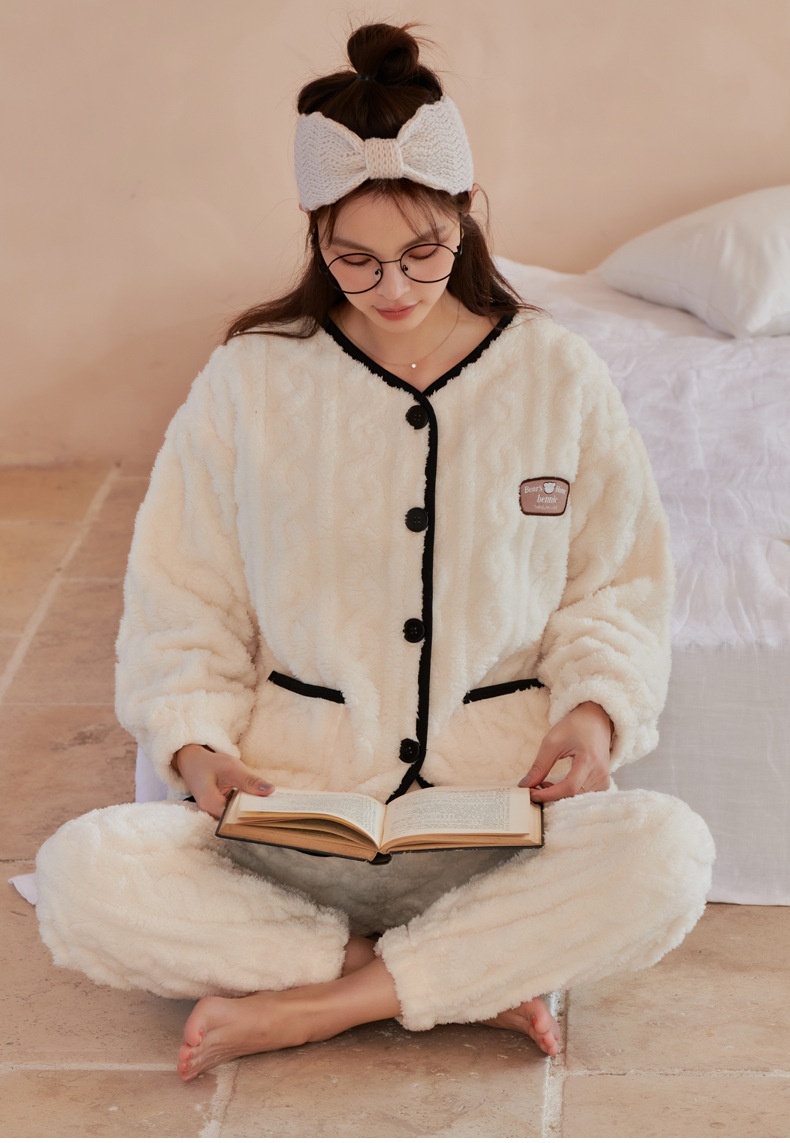GraceChic GraceChic Autumn And Winter Thickened Coral Fleece Couple Pajamas For Women, Fresh Flannel Warm Men's Homewear Cardigan Two-Piece_voghion.com