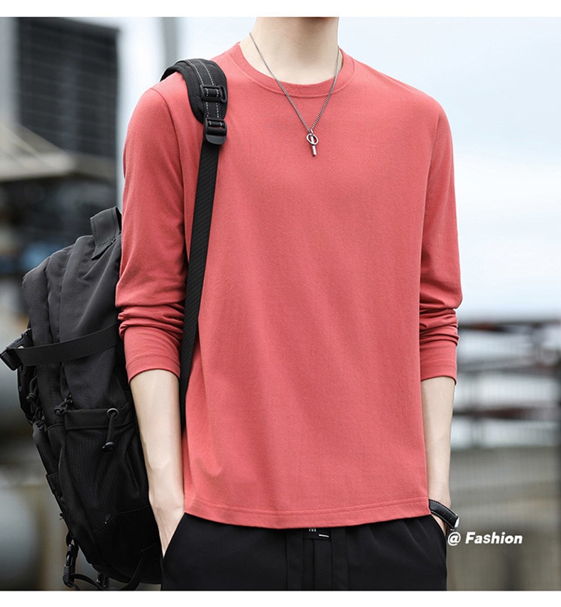 Erkek Çocuk Yüksek Kaliteli Düz Renk Uzun Kollu Tişört, İlkbahar ve Sonbahar Yuvarlak Yaka Bol Günlük Pamuklu Taban Gömlek, Erkek_voghion.com