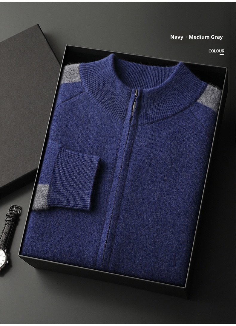 001 Neuer, dicker, lässiger Kaschmiranzug für Herren, bestehend aus einem Wollpullover mit halbem Rollkragen, einer Strickjacke mit Reißverschluss und einer locker sitzenden Hose._voghion.com