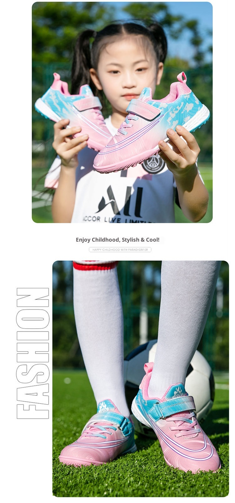 ShoeGlobe Dropshipping Children's Soccer No-Tie Velcro Cleats TF Elementary School Boys And Girls Artificial Grass Training Sports_voghion.com