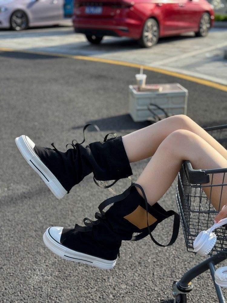 Women's Summer 2025 New European Style Niche Canvas Slouch Thick Sole Workwear Western Cowboy Boots_voghion.com