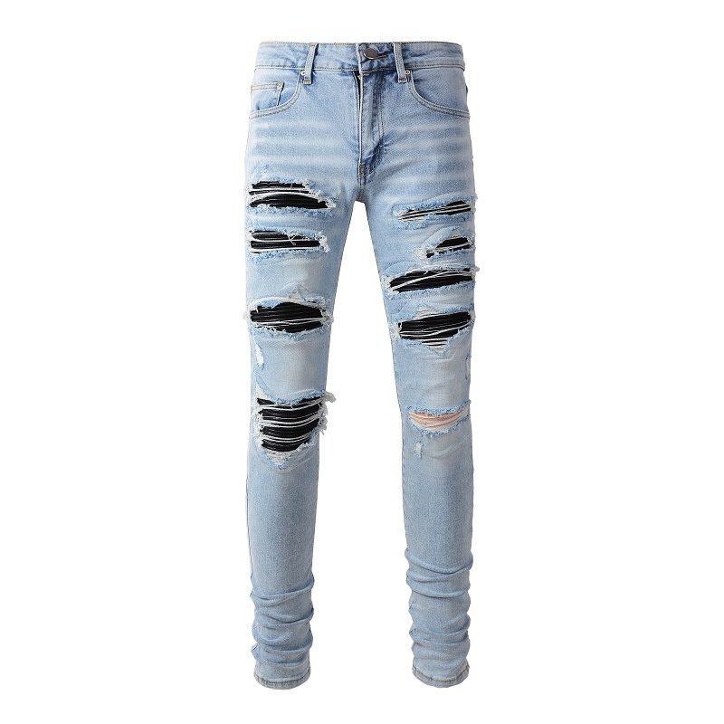 boy European And American High Street Men's Patch Handmade Ripped Slim Fit Skinny Jeans 1307_voghion.com