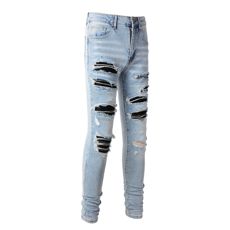 boy European And American High Street Men's Patch Handmade Ripped Slim Fit Skinny Jeans 1307_voghion.com