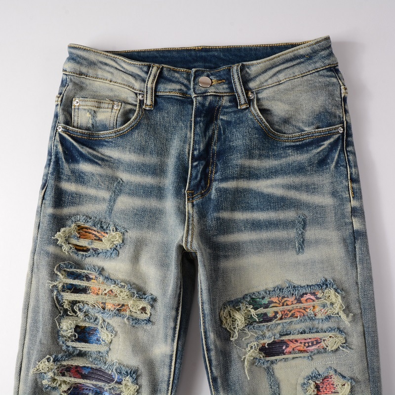 boy European And American High Street Ripped With Patches Slim Fit Stretch Jeans Men's Dropshipping Small Foot Pants 876_voghion.com