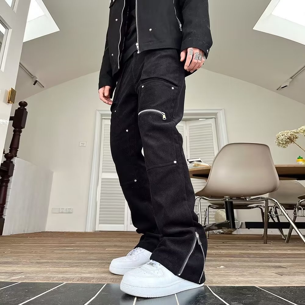Pantaloni cargo con cerniera divisi per uomo, stile hip hop americano, alla moda, jeans dritti slim fit, dropshipping_voghion.com