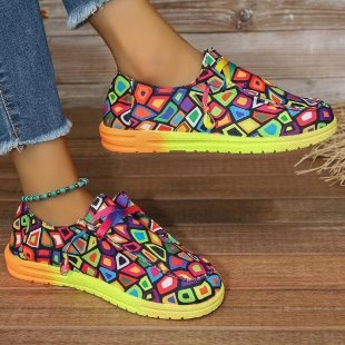 Neue, farbenfrohe, flache Damen-Schnürschuhe im europäischen und amerikanischen Stil mit Graffiti-Print in großen Größen._voghion.com