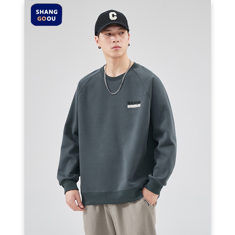 Sweat-shirt garçon Shanggu Clothing à col rond, style japonais, couleur unie, marque tendance pour hommes, broderie simple, jeune_voghion.com