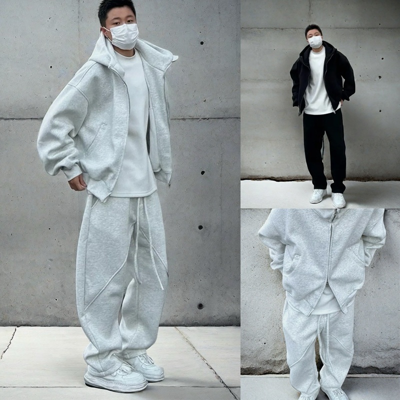 001 Tuta sportiva casual ispessita primaverile e autunnale per uomo, giacca con cappuccio larga, felpa, pantaloni della tuta, due pezzi, sensazione di alta qualità_voghion.com