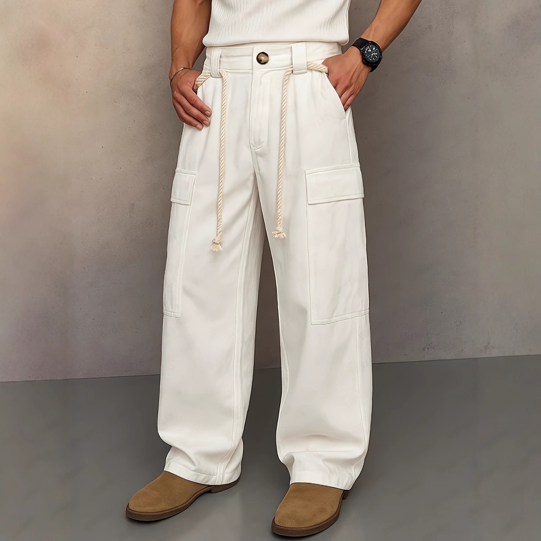 Pantaloni cargo da uomo a vita alta, larghi, dritti, alla moda, casual, di marca europea e americana_voghion.com