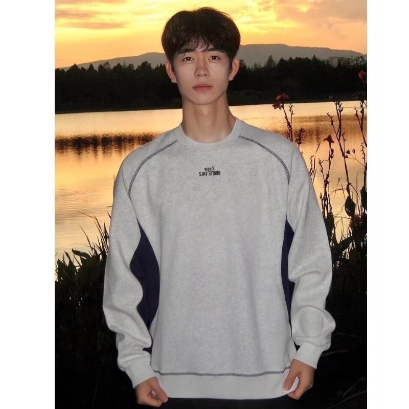 boy New Style Patchwork Navy Blue Crew Neck Fleece Sweatshirt Autumn Winter American Heavyweight Long Sleeve Men's Hoodless_voghion.com