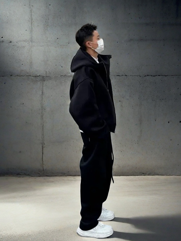 001 Tuta sportiva casual ispessita primaverile e autunnale per uomo, giacca con cappuccio larga, felpa, pantaloni della tuta, due pezzi, sensazione di alta qualità_voghion.com