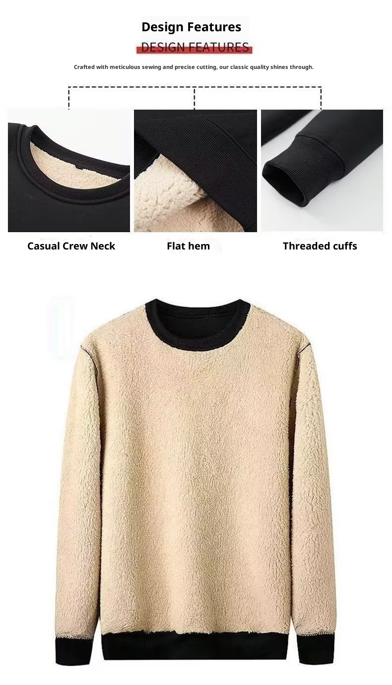 boy Lamb Wool Crew Neck Sweatshirt For Men, Autumn And Winter Thickened Fleece Base Shirt, Solid Color Pullover, Warm Loose_voghion.com