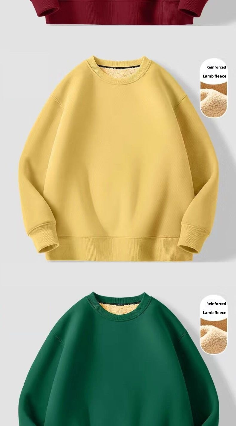 Erkekler İçin Sonbahar ve Kış Polar Astarlı Sweatshirt, Kalınlaştırılmış Stil, Öğrenci Çift Giyim, Kuzu Yünü Sıcak Yuvarlak Yaka_voghion.com