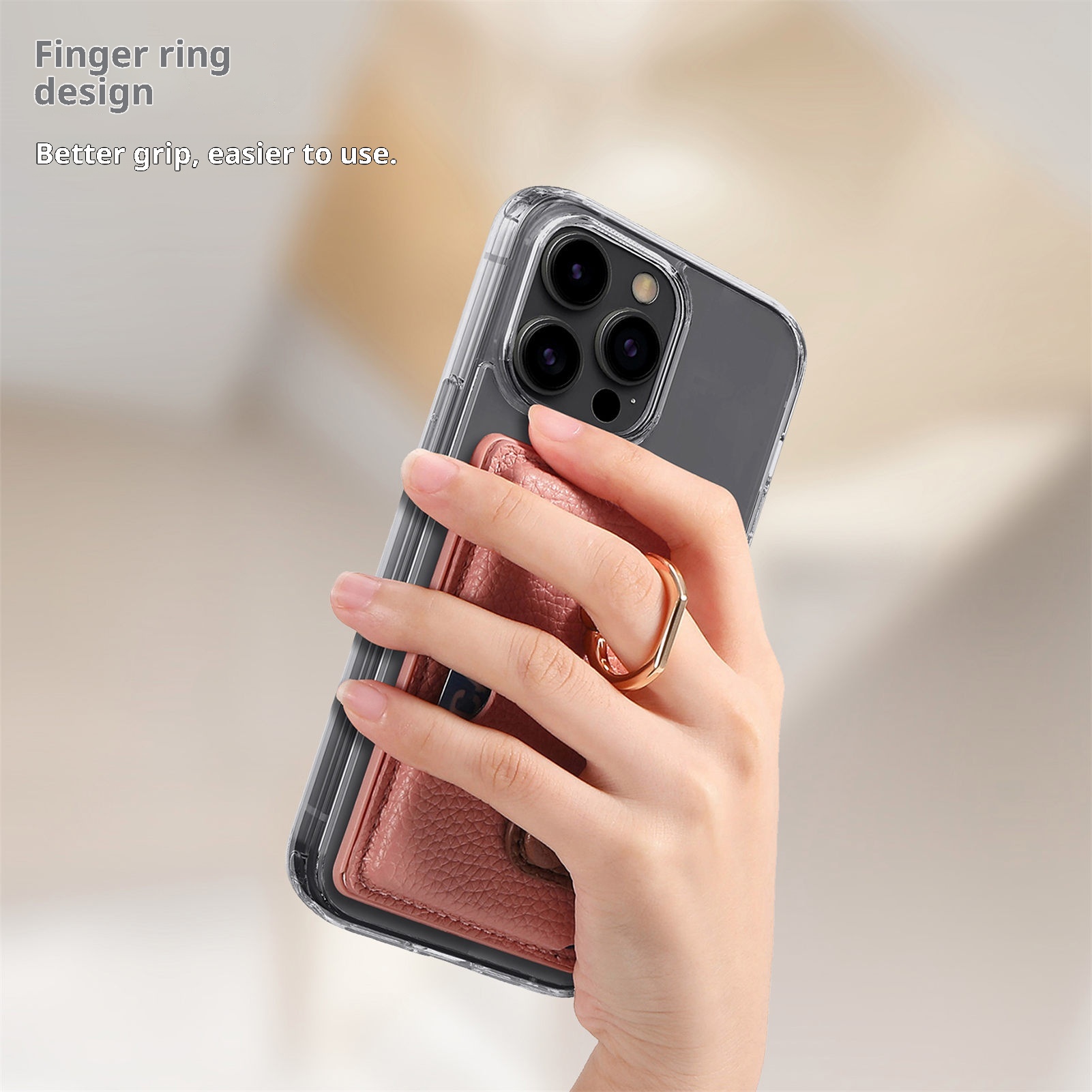 TechGlobe Lychee Pattern Oil Edge Ring Phone Sleeve Solid Stand Coin Purse Color Block Gift Back Sticker Card Holder_voghion.com