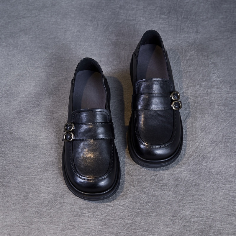 Elegante natuurlijke kleur toplaag echte leren damesschoenen retro Britse stijl lage hak zachte zool instappers_voghion.com