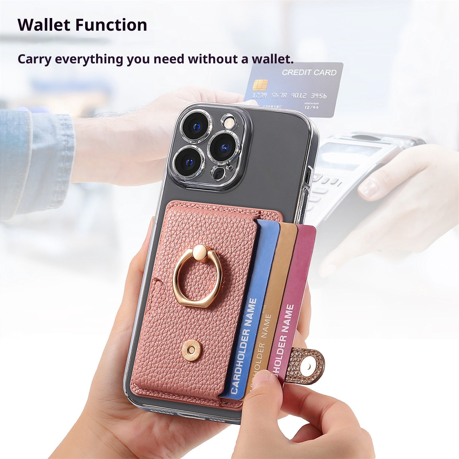 TechGlobe Lychee Pattern Oil Edge Ring Phone Sleeve Solid Stand Coin Purse Color Block Gift Back Sticker Card Holder_voghion.com