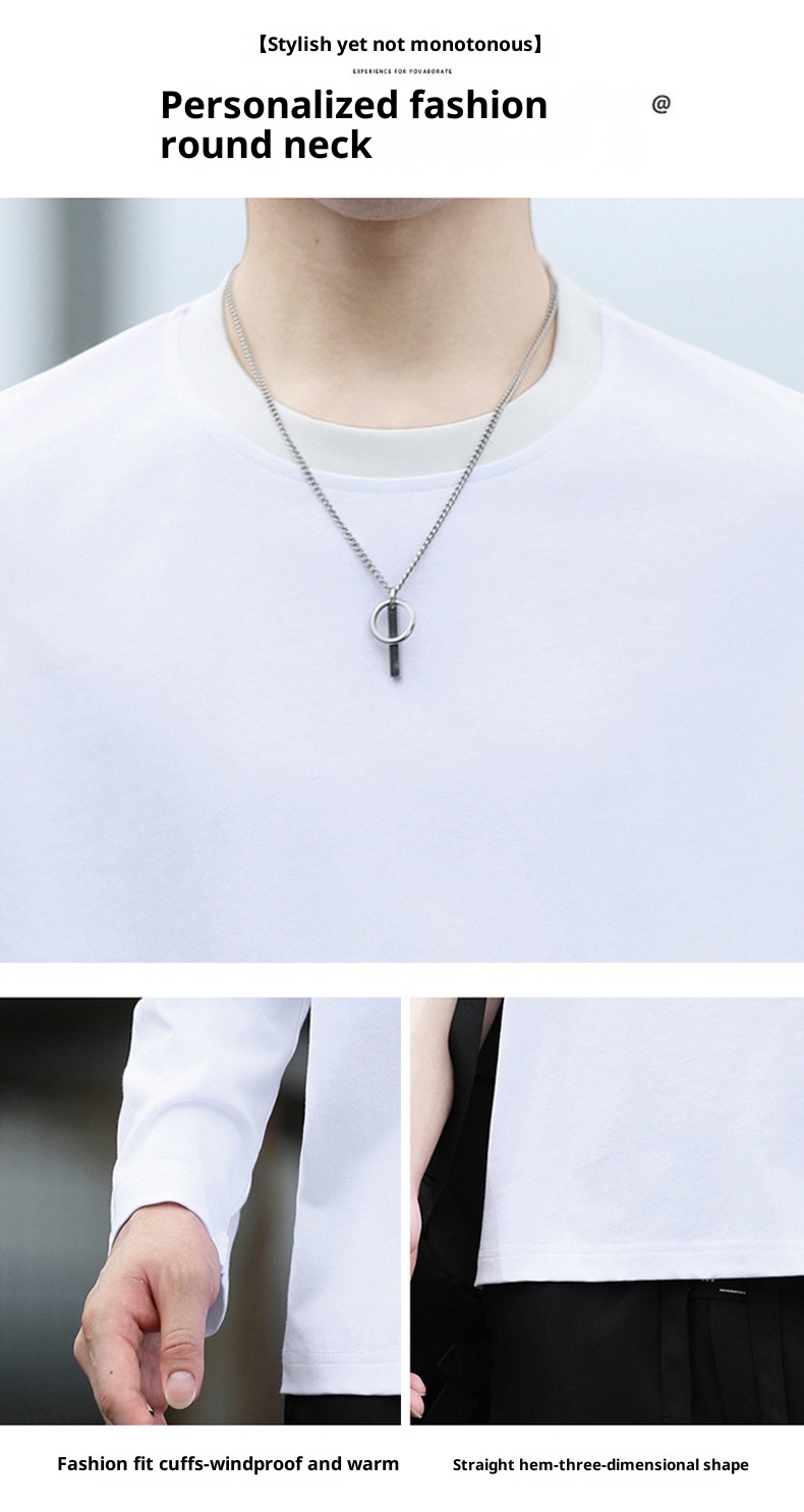 Erkek Çocuk Yüksek Kaliteli Düz Renk Uzun Kollu Tişört, İlkbahar ve Sonbahar Yuvarlak Yaka Bol Günlük Pamuklu Taban Gömlek, Erkek_voghion.com