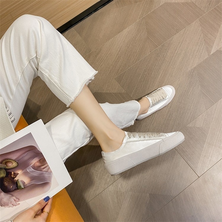 Scarpe sportive casual da donna in tela di raso bianco piatto con nicchia spagnola, primavera e autunno 2023_voghion.com