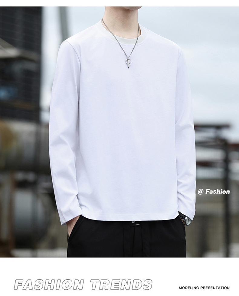 Erkek Çocuk Yüksek Kaliteli Düz Renk Uzun Kollu Tişört, İlkbahar ve Sonbahar Yuvarlak Yaka Bol Günlük Pamuklu Taban Gömlek, Erkek_voghion.com