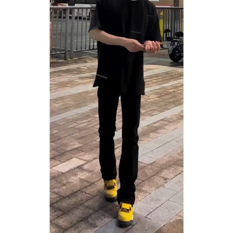 Jean évasé droit noir pur pour homme, style streetwear européen et américain, pantalon décontracté haut de gamme_voghion.com
