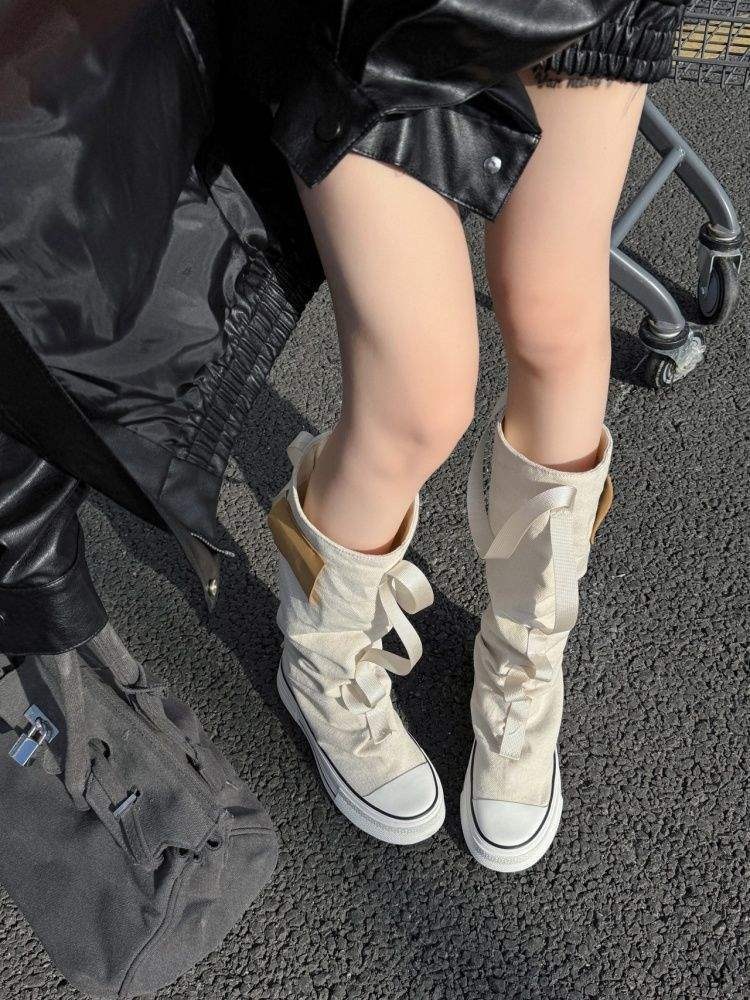 Women's Summer 2025 New European Style Niche Canvas Slouch Thick Sole Workwear Western Cowboy Boots_voghion.com