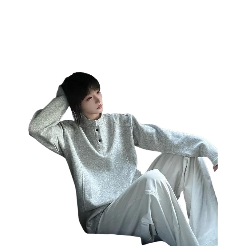 boy Henry Collar Regular Shoulder Sweatshirt For Men, Autumn Cleanfit American Style Deconstructed Patchwork Design Long_voghion.com