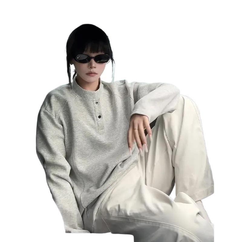 boy Henry Collar Regular Shoulder Sweatshirt For Men, Autumn Cleanfit American Style Deconstructed Patchwork Design Long_voghion.com