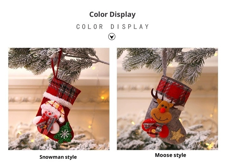 Lillian Neue Dekorationen Strümpfe Baumschmuck Kleine 3D karierte Stoff-Weihnachtsmannpuppe Weihnachtssocken_voghion.com