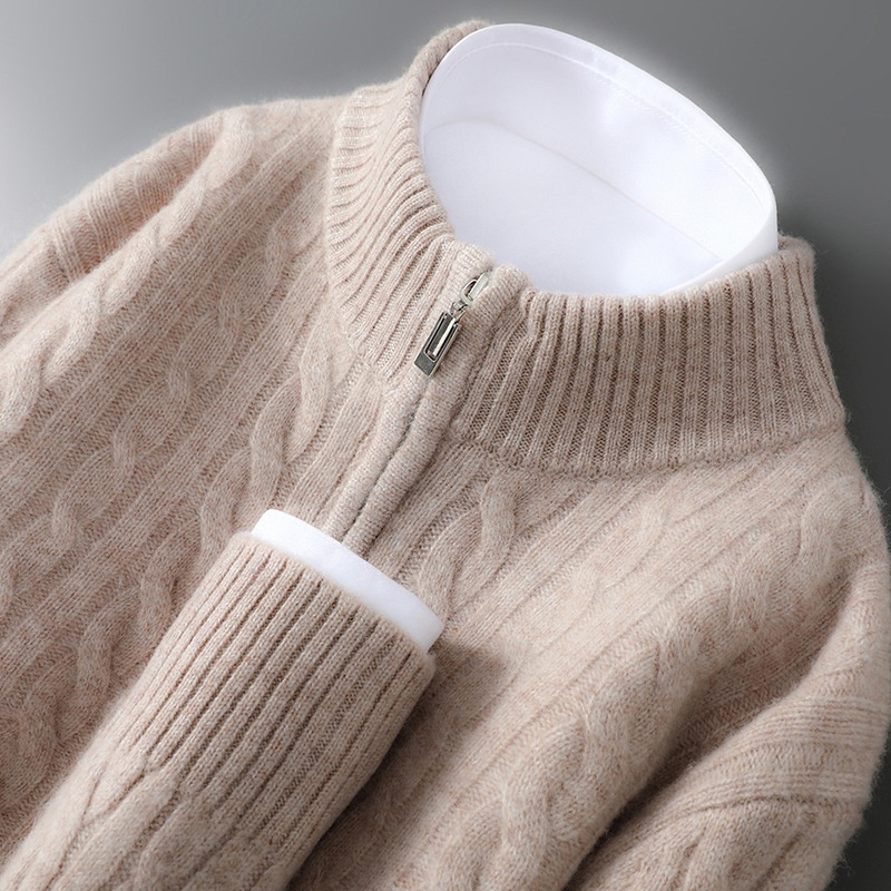boy Autumn Winter New 100% Pure Wool Men's Half Turtleneck Zipper Thickened Cable Knit Casual Loose Cashmere Sweater_voghion.com