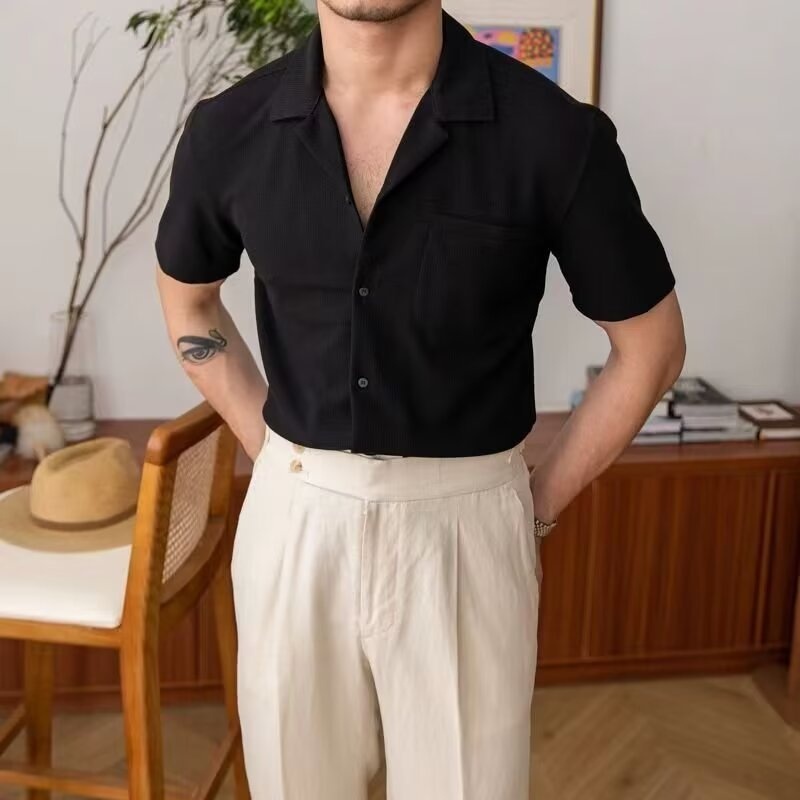 ForMen Ice Silk Waffle Collar Short For Men, British Style, Summer Half Sleeve Thin Business Casual Shirt_voghion.com