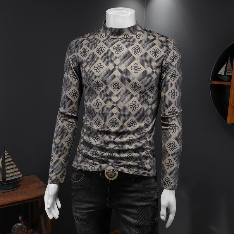 boy Europe Station 2023 Autumn Winter New Men's High Neck Base Shirt Plus Size Printed Casual Korean Style Slim Fit Pullover_voghion.com