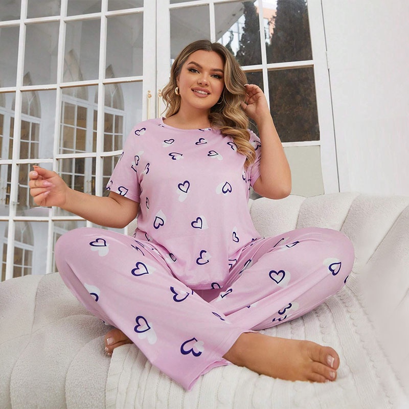 ChicShe Cross-Border Autumn Winter Plus Size Women's Pajamas Heart Print Round Neck Short Sleeve Long Pants European American_voghion.com