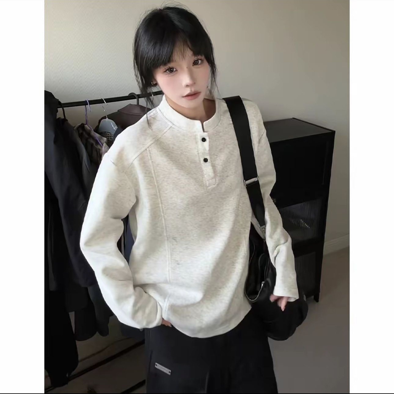 boy Henry Collar Regular Shoulder Sweatshirt For Men, Autumn Cleanfit American Style Deconstructed Patchwork Design Long_voghion.com