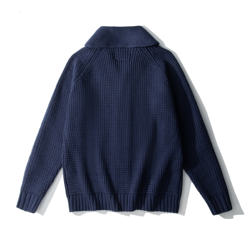 boy OKONKWO Extra Thick Raglan Sleeve Waffle Pattern Wool Cardigan Coat Turn-Down Collar Sweater_voghion.com