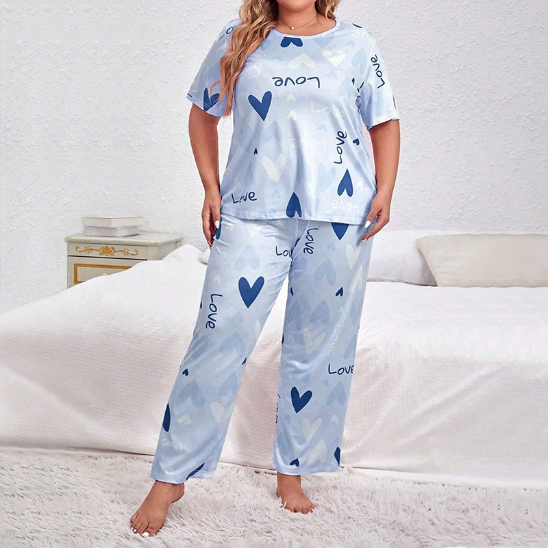ChicShe Pyjama-Set in Übergröße für Damen: Lange Hose, Kurzarm-T-Shirt mit Herzmuster, 2-teilig, bordeauxrot_voghion.com