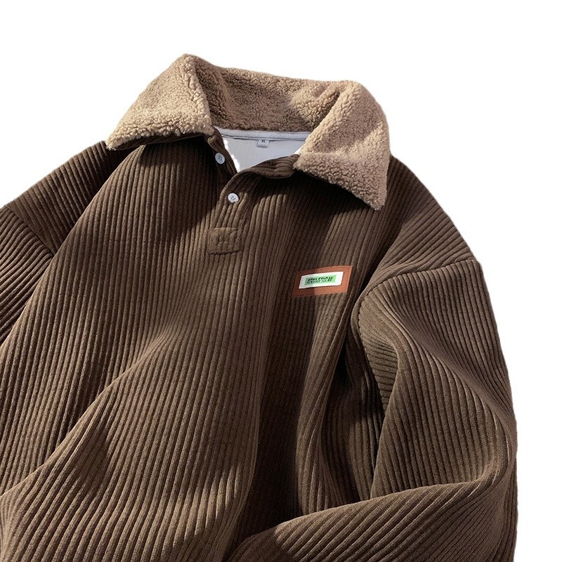 Cord-Sweatshirt mit Polokragen für Jungen, Herren-Herbstjacke und gefütterte, dicke Lammwolljacke, Winterjacke für Paare im Hongkong-Stil_voghion.com