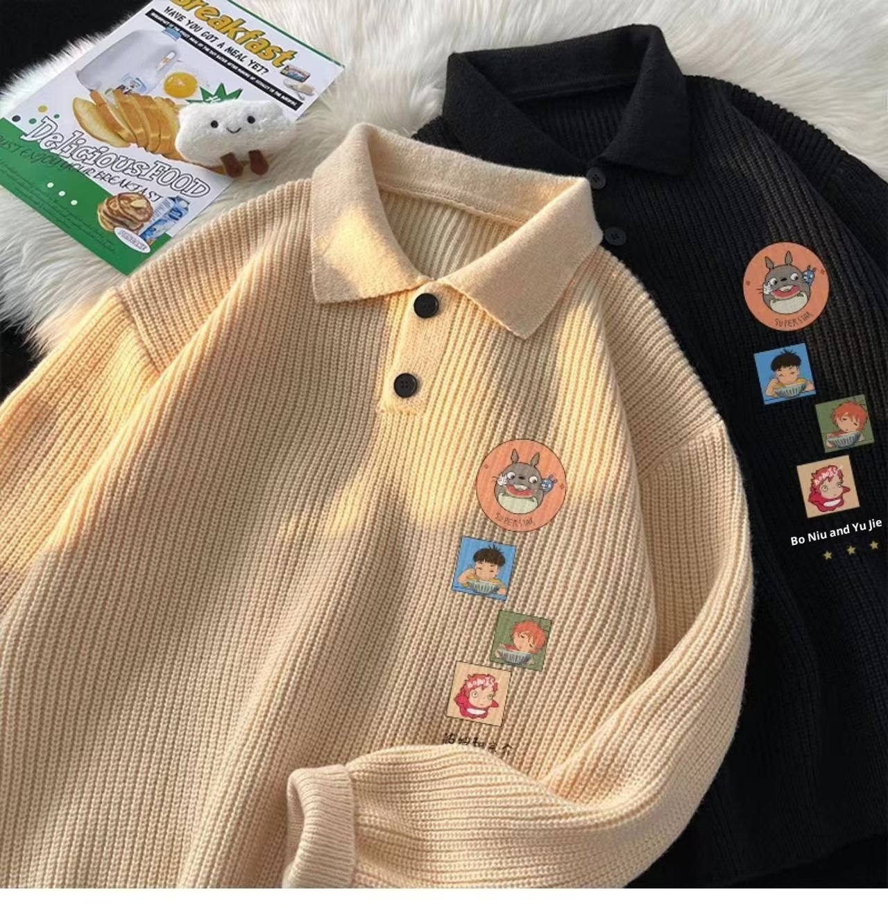 Schwarzer Polo-Pullover mit Cartoon-Motiv für Jungen, Herren, Herbst/Winter, dick gefüttert, lässig, Strickware_voghion.com