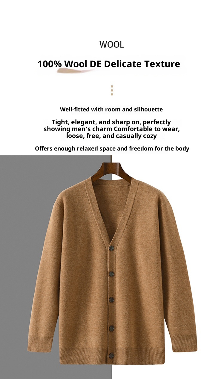 Cardigan da uomo in pura lana lavorato a maglia, autunno inverno, con scollo a V, ampio, spesso, casual, a maniche lunghe, monopetto_voghion.com