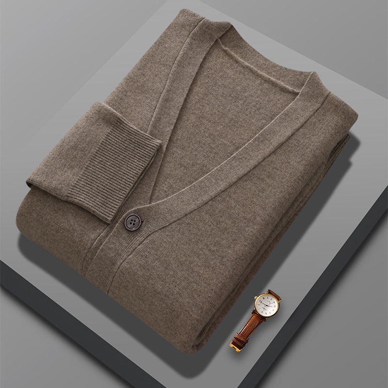 Cardigan da uomo in pura lana lavorato a maglia, autunno inverno, con scollo a V, ampio, spesso, casual, a maniche lunghe, monopetto_voghion.com