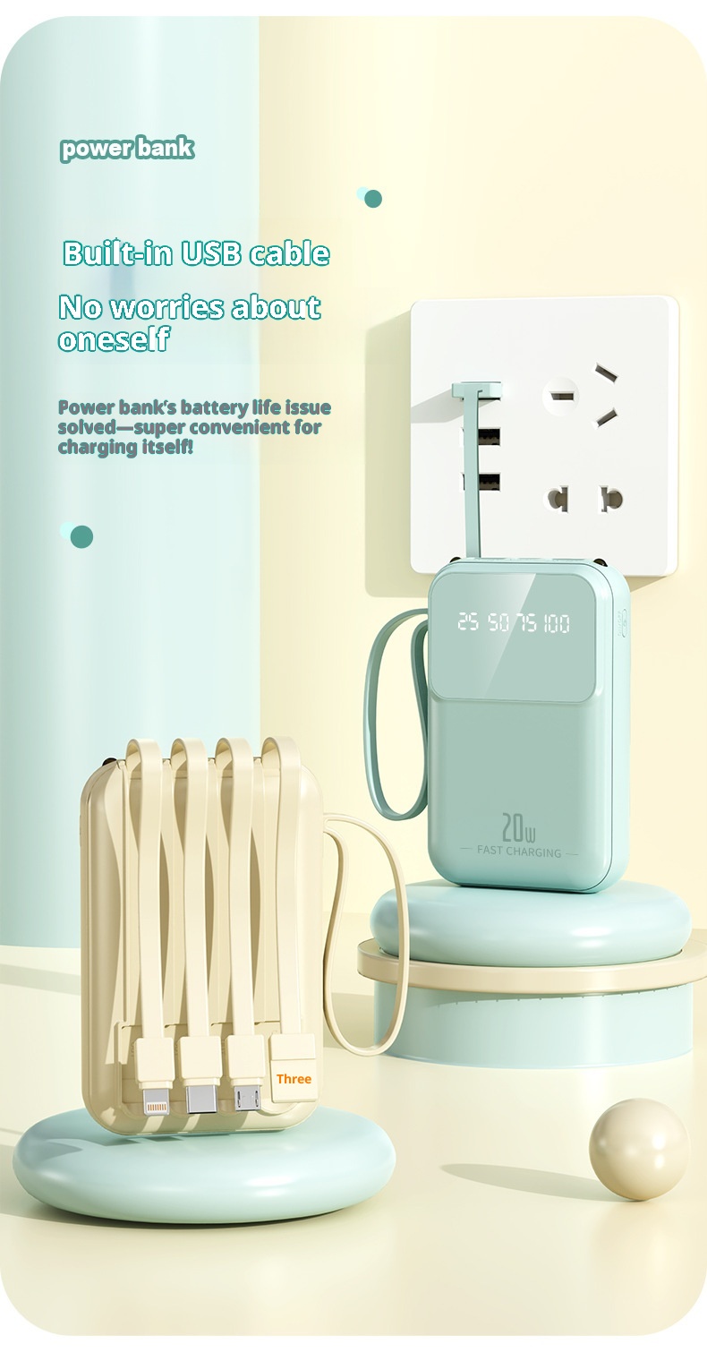 Techglobe Mini Cavo Integrato 20000mAh Banca Grande Capacità Cartone Animato Alimentatore Portatile Mobile con Ricarica Rapida Stampata_voghion.com