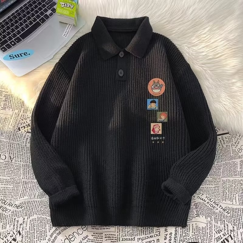 Schwarzer Polo-Pullover mit Cartoon-Motiv für Jungen, Herren, Herbst/Winter, dick gefüttert, lässig, Strickware_voghion.com