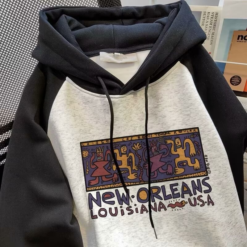 boy American Style Hooded Sweatshirt For Men, Autumn And Winter, Trendy Brand, Plus Size, Fleece Lined, Warm, Loose Fit,_voghion.com