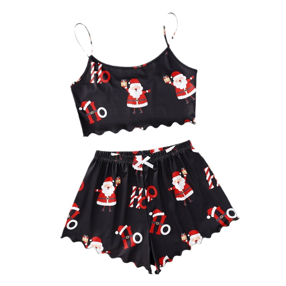 ChicShe Weihnachtlicher Pyjama im europäischen und amerikanischen Stil, neues dünnes Set für Damen, ärmellose Shorts aus Milchseide, schlicht und lässig, zweiteilig_voghion.com